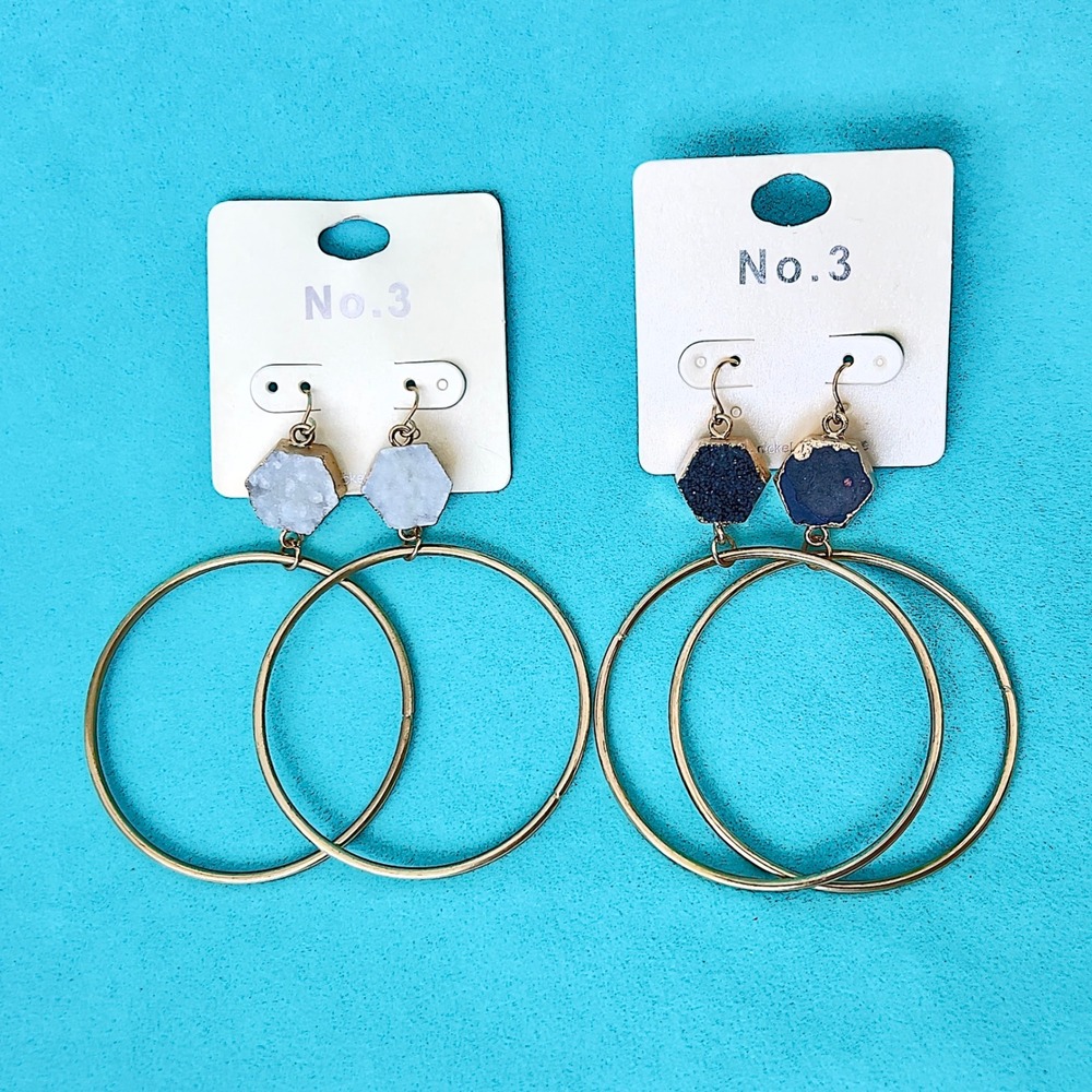 No 3 Druzy Agate Hoop Dangle Earrings Gold Plated Gray & Black Statement Lot 2